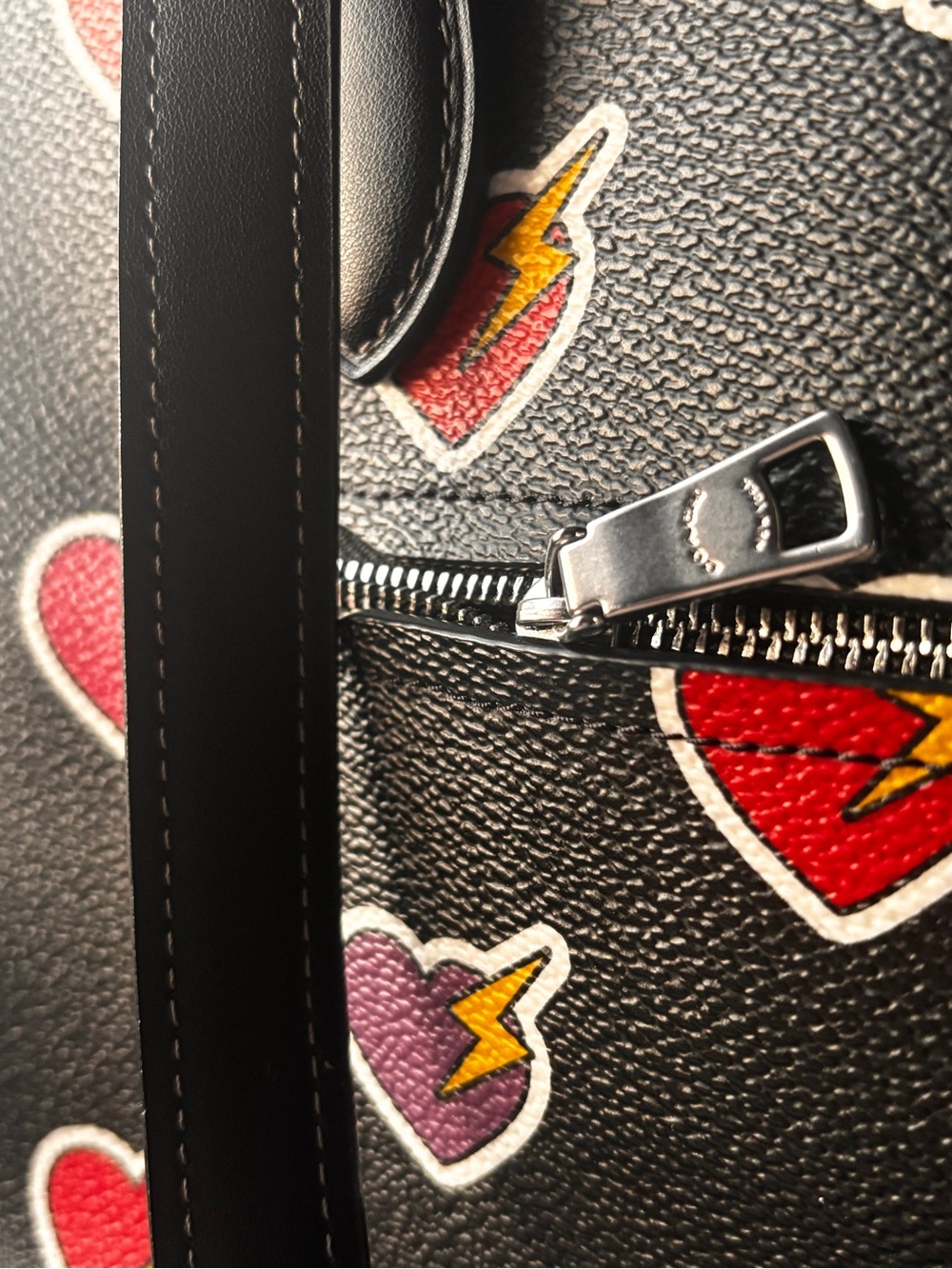 Coach Black Leather Gallery Tote with Red & Purple Heart Bolt Print - Picture 6 of 8